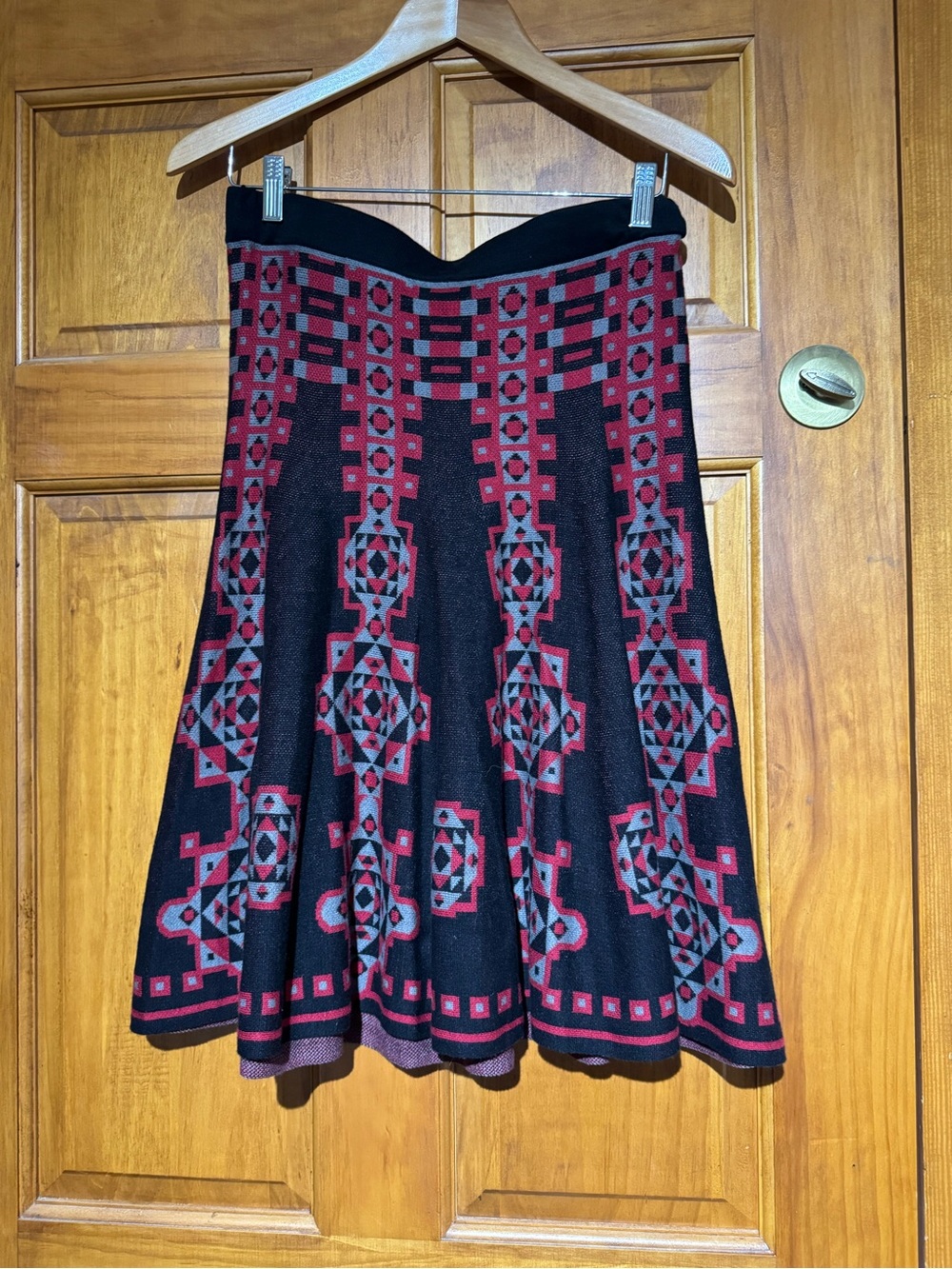 Max Edition Black Skater Skirt with Red and Gray Geometric Print
